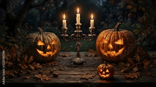 Spooky halloween scene with illuminated jack o lanterns and flickering candlelight