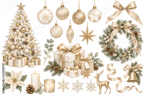 ホワイトとシャンパンゴールドの上品なクリスマスイラスト素材セット・透過背景　Elegant White and Champagne Gold Christmas Illustration Set with Transparent Background