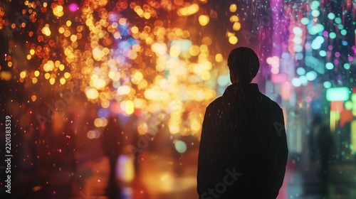 Silhouette of a man standing on a rainy night city street surrounded by vibrant colorful bokeh lights to symbolize solitude and urban night exploration.