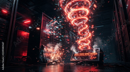 Runaway cloud billing error with a broken usage counter, expanding data packets, server racks, and a rising billing spiral.