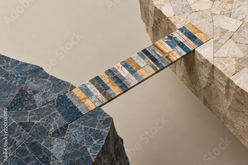Narrow tiled bridge connecting two stone platforms