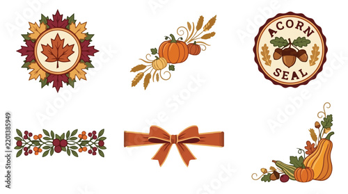 Thanksgiving autumn harvest design elements with pumpkins and leaves, featuring badges, dividers, and corners for festive greeting cards and banners.