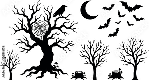 Spooky Halloween silhouette collection, creepy dead trees with raven and bats vector set, gothic forest elements with crescent moon and spider web