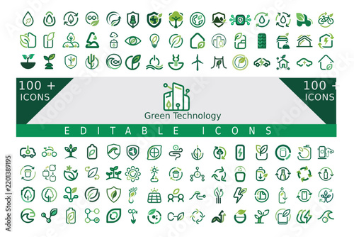 Green Technology Icons Set – Renewable Energy, Solar Power, Wind Energy, Hydropower, Clean Energy, Electric Vehicles, Sustainable Technology, Green Buildings, Energy Efficiency, Smart Technology