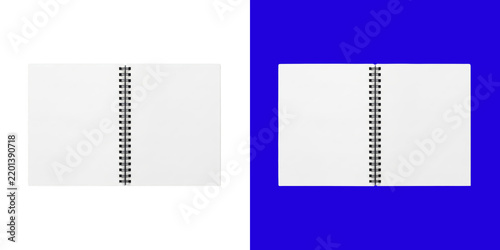 Open spiral notebook mockup on white and blue background transparent png