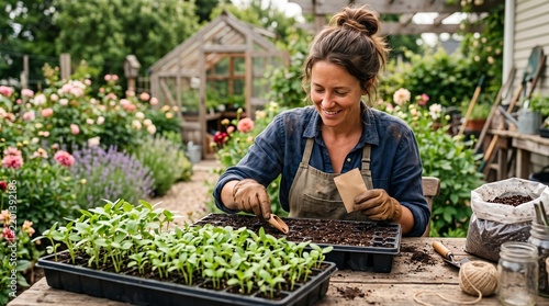 gardener filling seedling trays soil sowing flower seeds  
