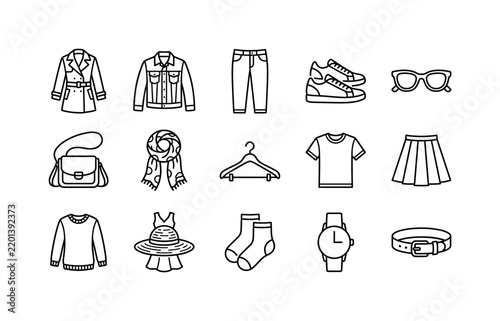 Spring Fashion Clothing Set, line icon set featuring coat, jacket, trousers, shoes, sunglasses, handbag, scarf, hanger, covering women fashion, casual garments, spring clothing, apparel retail,
