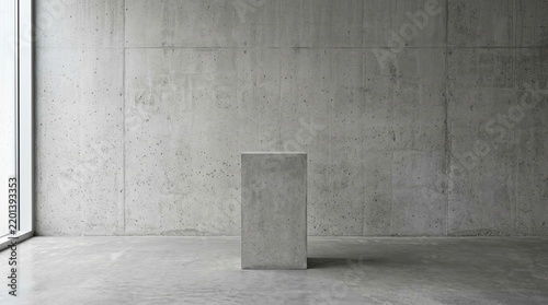 A minimalist concrete room with a large window and a concrete pedestal in the center.