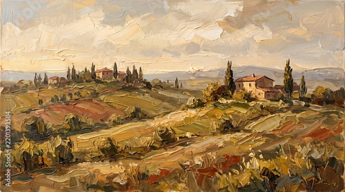 Textured impasto oil painting showcasing a classic Tuscan landscape with rolling hills, charming farmhouses, and tall cypress trees, evoking rustic Italian charm.