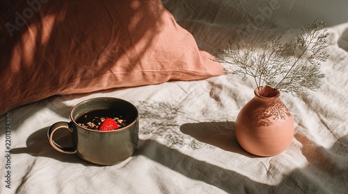 Cup Coffee Strawberry Vase Bed Pillow Blanket Morning breakfast in bed with a hot cup of coffee and a fresh red strawberry