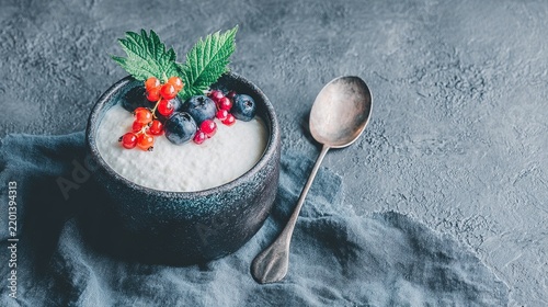 Bowl Yogurt Berries Spoon Currants Blueberries Leaves Food Breakfast Dessert
