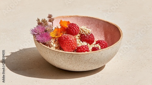 Ceramic bowl filled with muesli fresh raspberries strawberries and edible flowers on a table