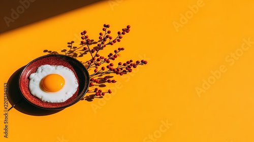 Fried egg in a small bowl next to a branch with small red berries on a yellow background