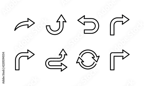 Curved Navigation Arrows, line icon set featuring curved right arrow, hook arrow, return arrow, turn arrow, bend arrow, route arrow, loop arrow and corner arrow, covering navigation, direction, next