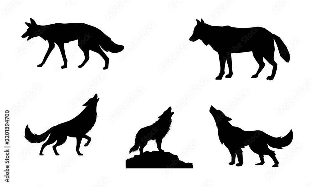 Fototapeta premium Wolf silhouettes depicting various wild canines standing and howling against a plain background.
