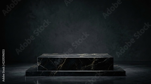A black and gold marble pedestal on a dark, textured background.