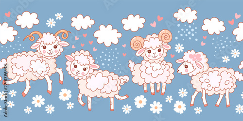 Seamless border with adorable sheep and rams. Horizontal endless vector design with cute animals, clouds, flowers and hearts