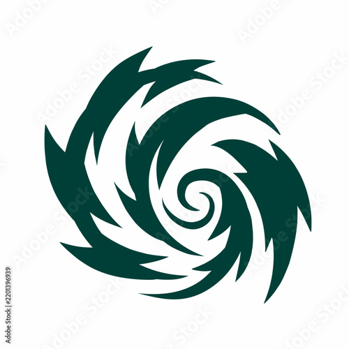 Stylized dark green hurricane swirl symbol representing storm weather and atmospheric motion
