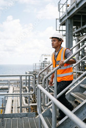 Male worker in safety vest walking down stairs at industrial site  