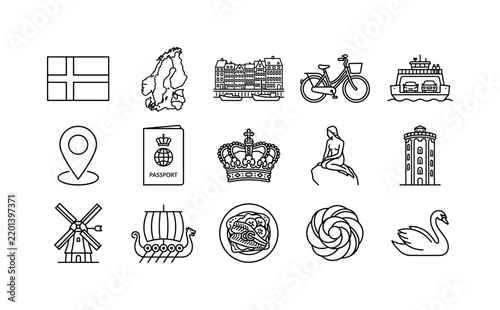Denmark Country Travel Symbols, line icon set featuring Denmark flag outline, Scandinavia map, Copenhagen landmark silhouette, bicycle, ferry, map pin, passport, crown symbol, covering Denmark, Danish