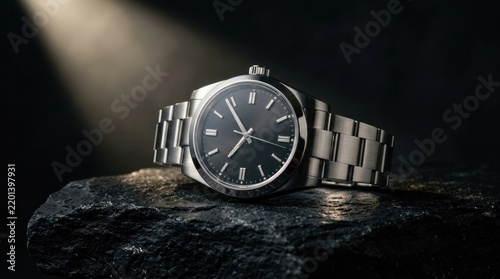 A Rolex watch with a black face and silver band on a dark background.