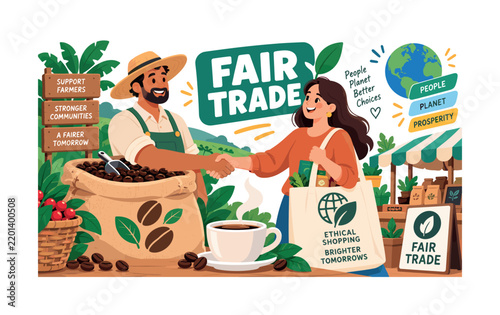 Fair Trade Month. Fair Trade Month banner showing a farmer and shopper beside one oversized coffee sack and one oversized ethical shopping bag, with handshake, coffee cup, sustainability leaf, market