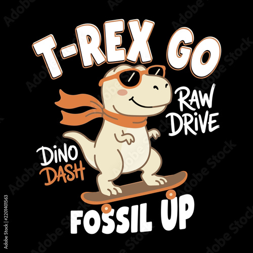 Stylish retro cartoon T Rex dinosaur riding cool skateboard graphic.