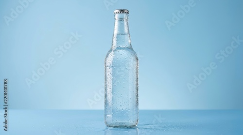A clear glass bottle filled with water on a blue background.