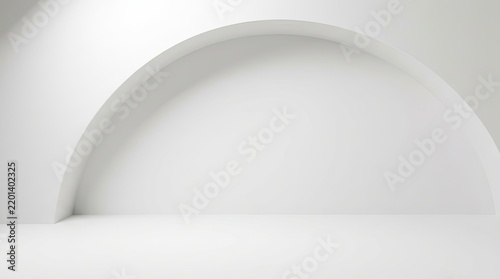 A minimalist, modern interior with a wooden floor and a round, neutral-colored pedestal in the center.