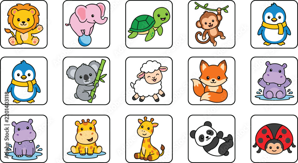 Obraz premium Cute Animal Character Icon Collection with Lion, Elephant, Turtle, Monkey, Penguin, Koala, Sheep, Fox, Hippo, Giraffe, Panda, and Ladybug