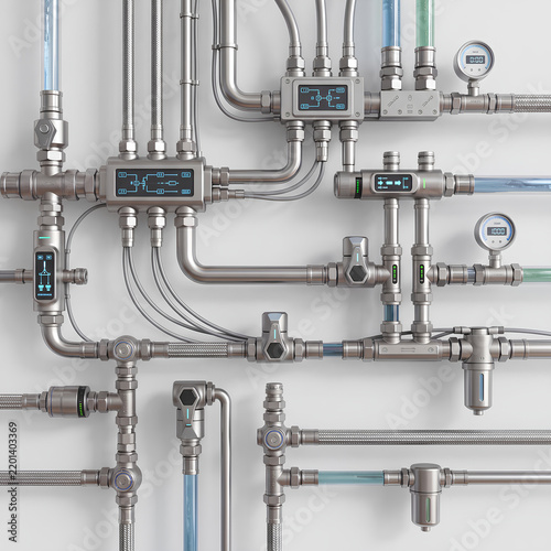фотографія Complex Industrial Plumbing System with Valves and Pipes.