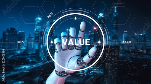 Robotic hand interacting with digital value interface in futuristic technology concept