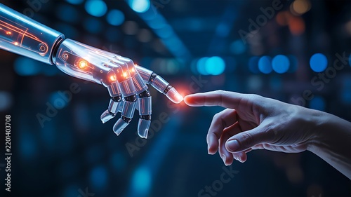Human hand reaching toward robotic hand in futuristic technology concept