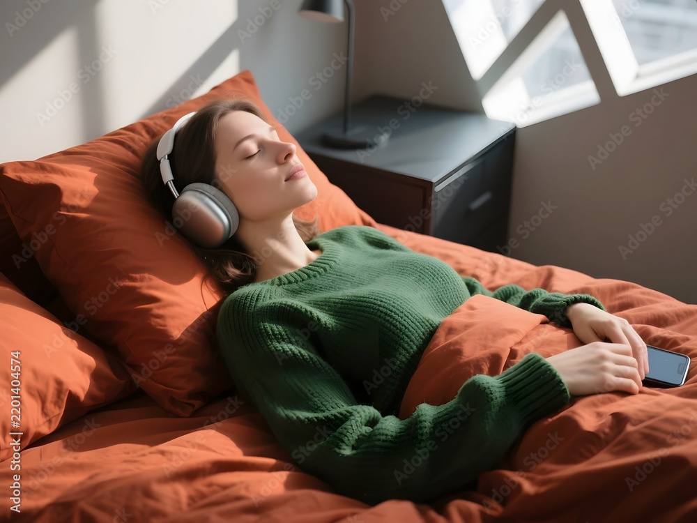 Fototapeta premium Close Up Woman Relaxing on Bed with Wireless Headphones