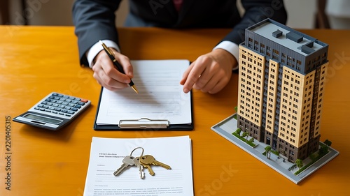 Real estate agreement with building model, property keys, calculator, and contract paperwork