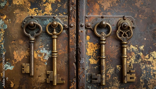 Vintage brass door keys with aged metallic surfaces and antique character