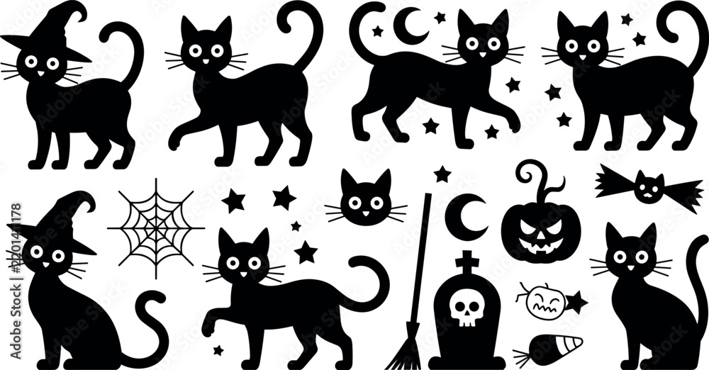 Obraz premium Spooky Halloween black cat silhouette set featuring cute cats witch hats pumpkin broom graveyard tombstone spider web design elements
