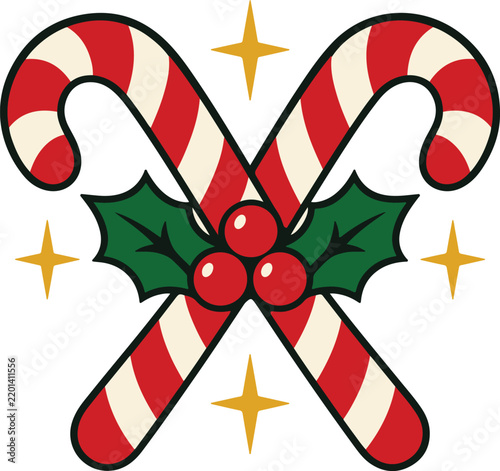 Crossed Candy Canes with Holly Berries and Sparkles Christmas Vector Illustration