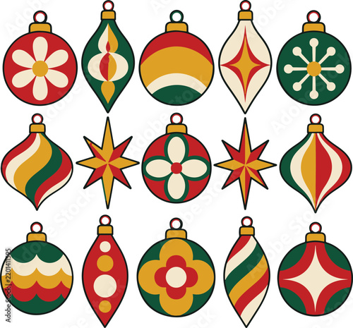 Retro Christmas Ornament Collection with Vintage Geometric Patterns Vector Set