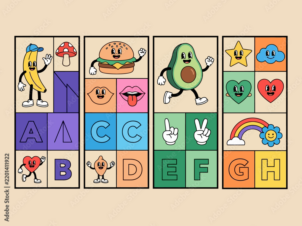 Fototapeta premium Retro Rubber Hose Style Cartoon Mascot Collection with Alphabet Letters and Fun Characters in Grid Layout