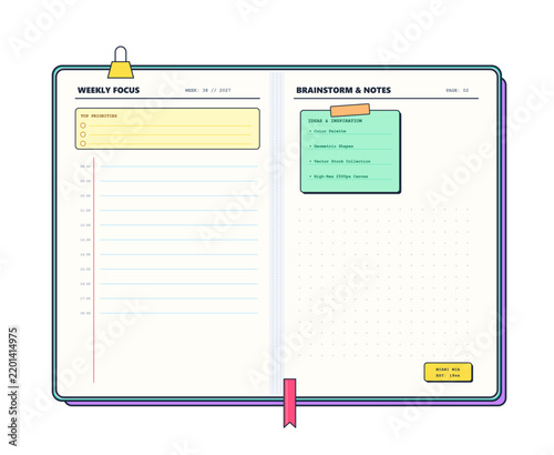 Open weekly planner and brainstorm notes layout vector template