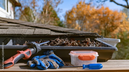 A seasonal maintenance concept showing essential tools and equipment for preparing a property before colder weather arrives.