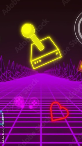Vertical video: On start neon joystick moving forward, tilting then receding to create retro vibe
