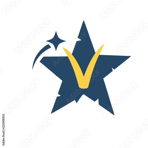 Fotografie Blue star with yellow checkmark and starburst