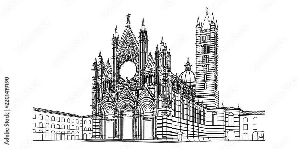 Obraz premium Detailed line art drawing of the siena cathedral in italy showing the historic architecture and bell tower building
