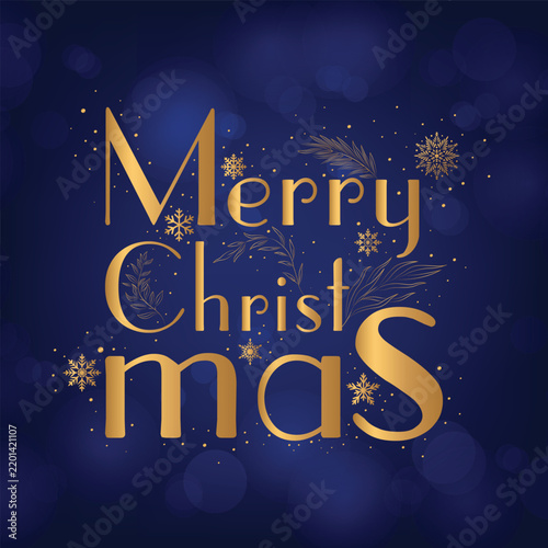 Elegant luxury Merry Christmas typography in metallic gold with snowflakes and botanical ornaments on a deep blue background, creating a festive premium holiday design.