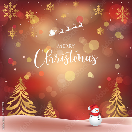 Luxurious Christmas greeting card with golden snowflakes, elegant trees, Santa's sleigh, a cheerful snowman, glowing bokeh lights, and festive red background.
