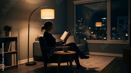Woman reading book on armchair in living room at night