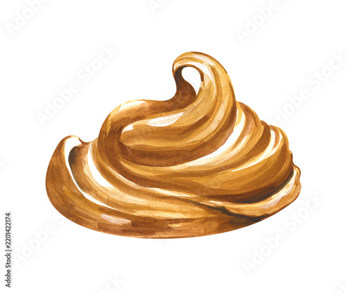 Peanut butter swirl watercolor isolated on white background. For nut paste packaging, bakery products, recipe books, culinary blogs, menus, and dessert design.