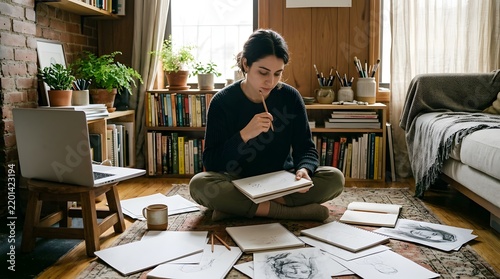 Woman sitting on floor sketching in notebook within cozy home office
